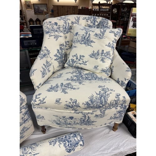 1675 - A pair of blue & white fabric covered bedroom wing armchairs with cushions