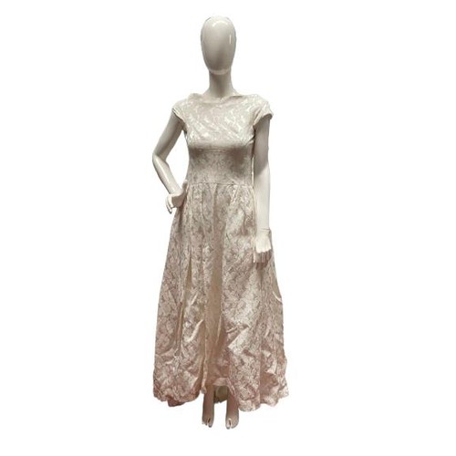 774 - A hand made wedding dress with jacquard/satin fabric; size small with scooped back neck