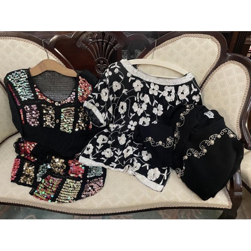 782 - A quantity of vintage tops including A beaded silk, a wool/angora embroidered cardigan & a beaded ca... 