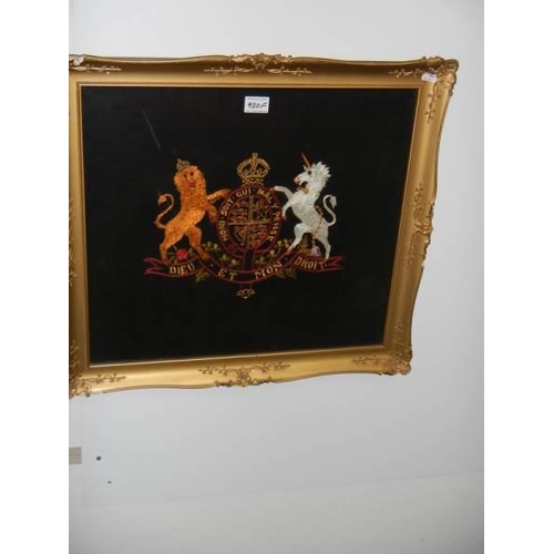 930F - A framed and glazed embroidery 'Dieu Et Mon Droit'.