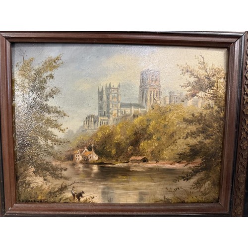 429 - A 19th century framed oil on board of Durham Cathedral