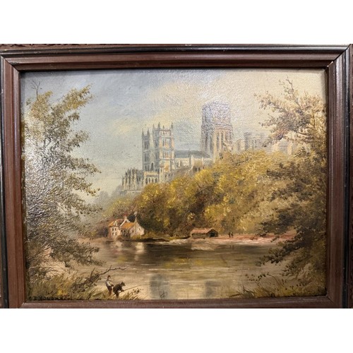 429 - A 19th century framed oil on board of Durham Cathedral