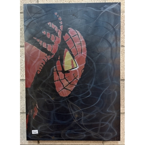 1520F - A large graffiti style painting of Marvel Spiderman, Spidey on a galvanised steel panel, 62cm x 90cm... 