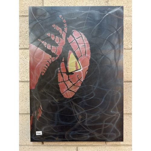 1520F - A large graffiti style painting of Marvel Spiderman, Spidey on a galvanised steel panel, 62cm x 90cm... 