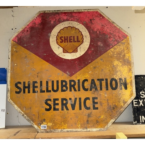 1726 - A large original shell Shellubrication Service painted metal sign, 86.5cm x 86.5cm