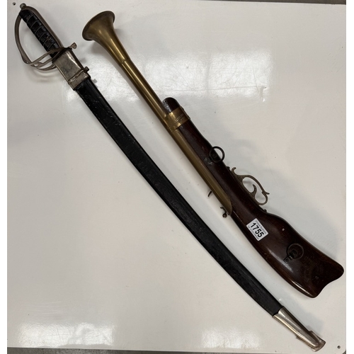 1755 - An ornamental Blunderbuss wall hanging with brass fittings & a replica sword