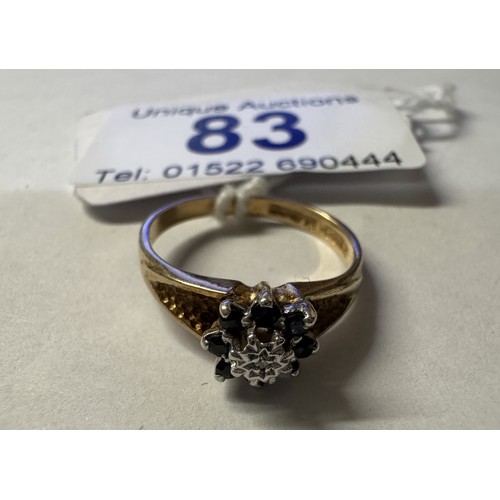 83 - A diamond and sapphire cluster ring, dated Sheffield 1979, 9ct gold, size L, 2.15 grams.