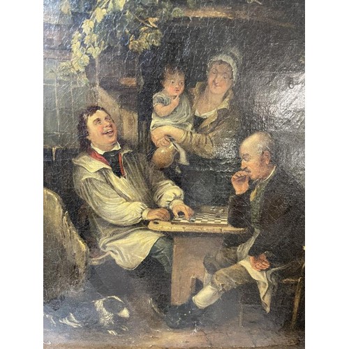 889 - A gilt framed Victorian oil on canvas picture of a game of draughts