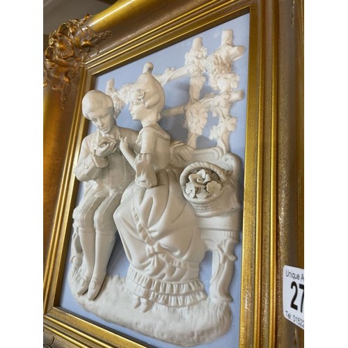 277 - A superb gilt framed bisque porcelain plaque featuring a romantic couple.