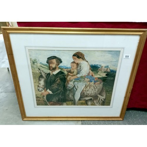 509 - A framed & glazed finely painted 19th century religious watercolour portraying the Holy Family trave... 