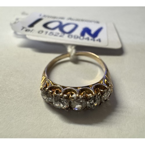 100N - A Victorian 18ct old mine cut five stone diamond ring, total approx. weight 1.5ct, size L,