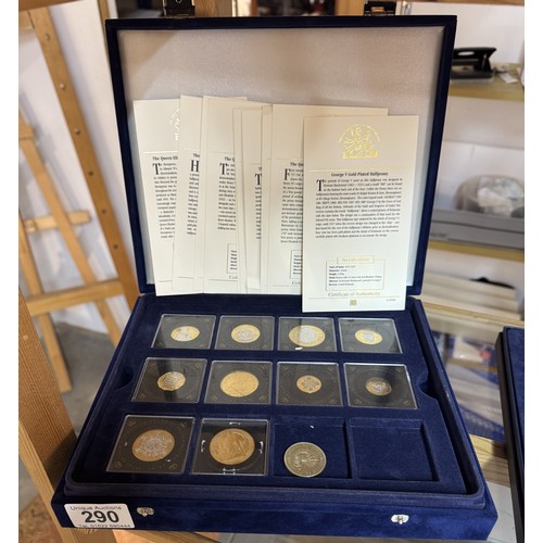 290 - Eleven gold plated commemorative coins with certificates in a case.