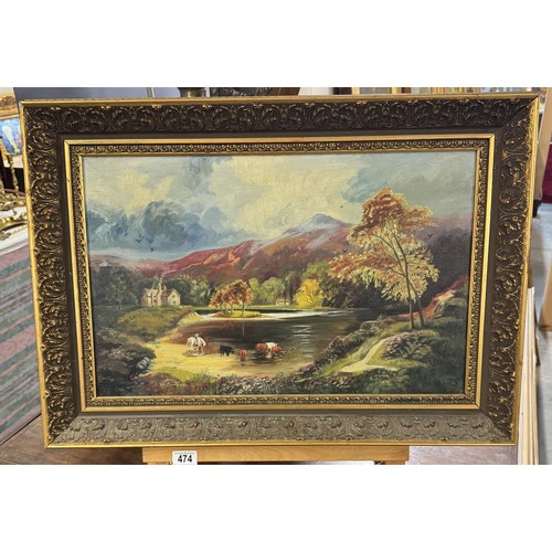 474 - A gilt framed oil on canvas rural scene featuring cattle, initialed S A S. Image 56 x 36 cm, frame 7... 