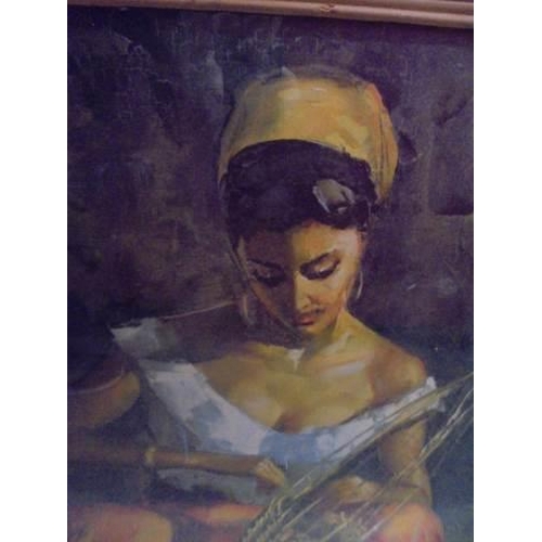 600G - An oak framed study of a female weaver.