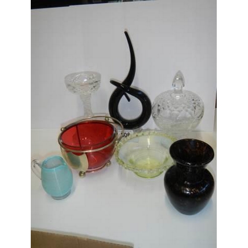 506 - A mixed lot of glass ware including cranberry sugar bowl, modern sculpture etc.,