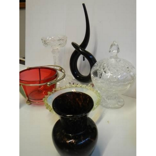 506 - A mixed lot of glass ware including cranberry sugar bowl, modern sculpture etc.,