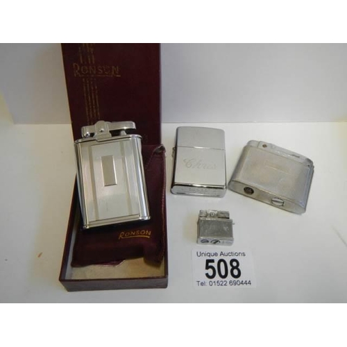 508 - Four vintage cigarette lighters including Zippo, Ronson and a miniature example.