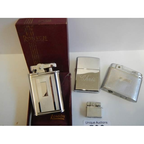 508 - Four vintage cigarette lighters including Zippo, Ronson and a miniature example.