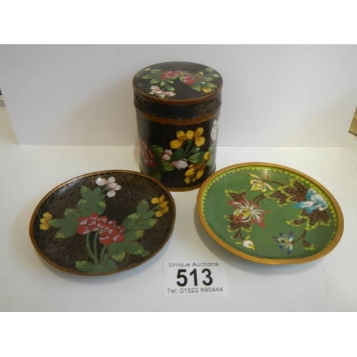 513 - A Clossonne' lidded jar and two Cloissonne' pin dishes.