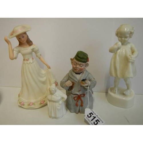 515 - Four old figures including Gentleman in smoking cap, child, female etc.,