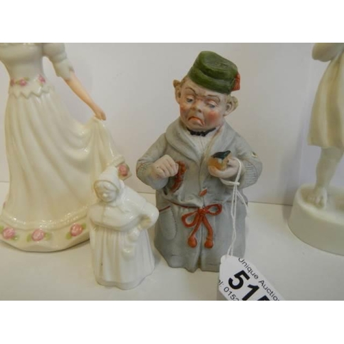 515 - Four old figures including Gentleman in smoking cap, child, female etc.,