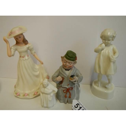 515 - Four old figures including Gentleman in smoking cap, child, female etc.,