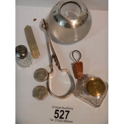 527 - A mixed lot including silver topped match striker, silver top bottle, inkwell, Georgian EPNS sugar t... 