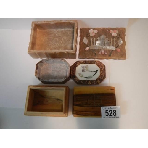 528 - An alabaster box, an inlaid box and one other.