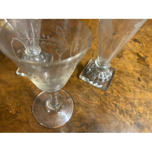 729 - 3 etched glasses. Small chips to base of 2.