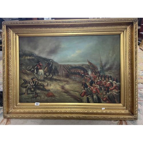 500 - A gilt framed oil on canvas battle scene, image 86 x 62 cm, frame 116 x 86 cm.