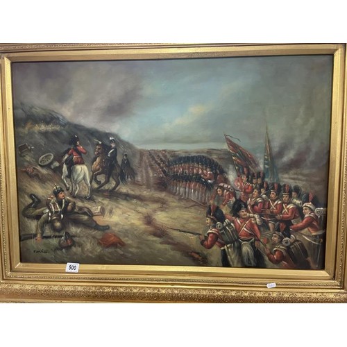 500 - A gilt framed oil on canvas battle scene, image 86 x 62 cm, frame 116 x 86 cm.