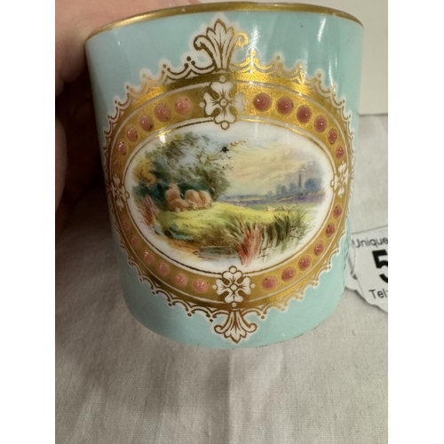 535 - A 19th century hand painted coffee can with countryside scene in a gilded oval, signed to base G H C... 