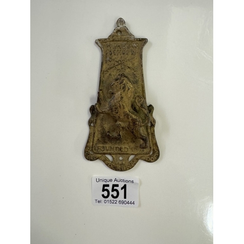 551 - A vintage brass Harrow school door knocker Rd No 553858