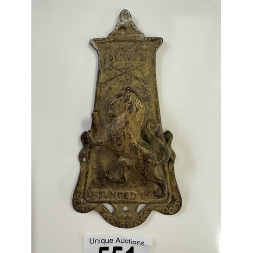 551 - A vintage brass Harrow school door knocker Rd No 553858