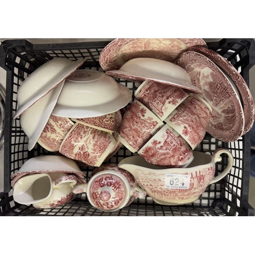 624 - A quantity of red & white crockery