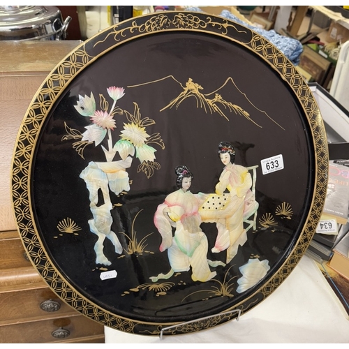 633 - A circular oriental plaque featuring Chinese ladies in mother of pearl.