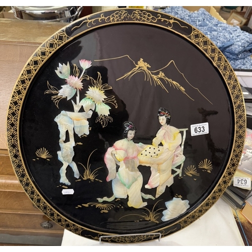 633 - A circular oriental plaque featuring Chinese ladies in mother of pearl.