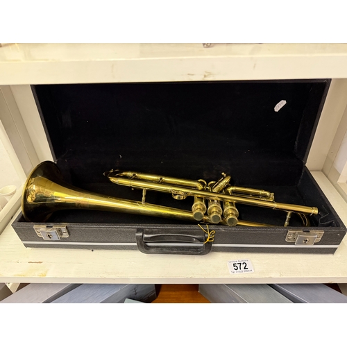 572 - A brass Bessons & Co London trumpet in carry case