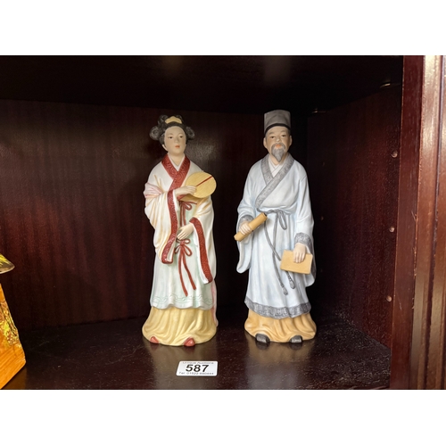 587 - A pair of unglazed ceramic oriental figures