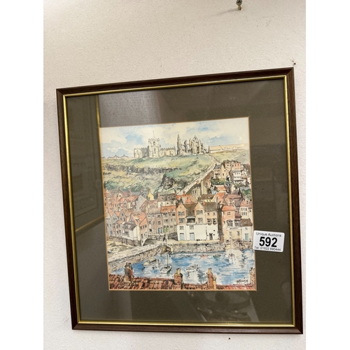 592 - A framed & glazed print of a watercolour of Abbey Ruins overlooking Whitby