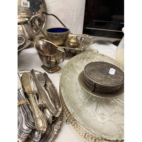 598 - A large selection of metalware including silver plate, stainless steel etc