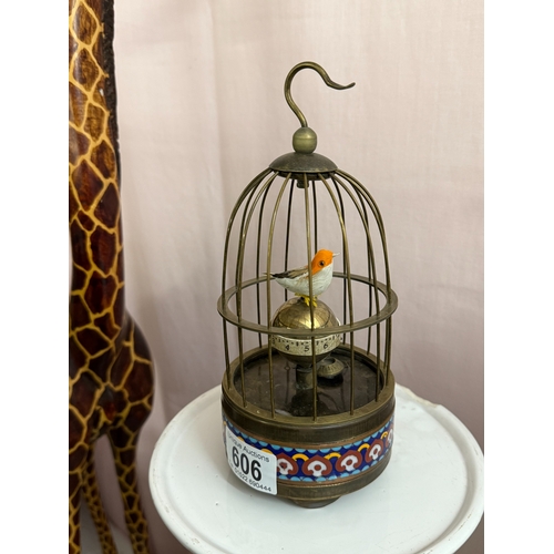 606 - A brass & cloisonne enamel bird cage clock