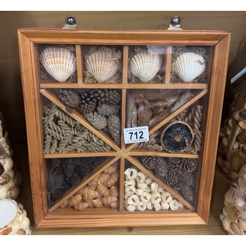 712 - A selection of shell encrusted bottles etc including pine cabinet of sea shells & German beer stein