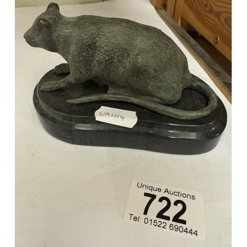 722 - A bronze rat on a polished stone base