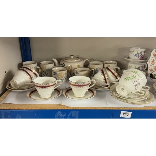 737 - 2 Royal Doulton trios, 12 piece tea set, teapot, mugs etc