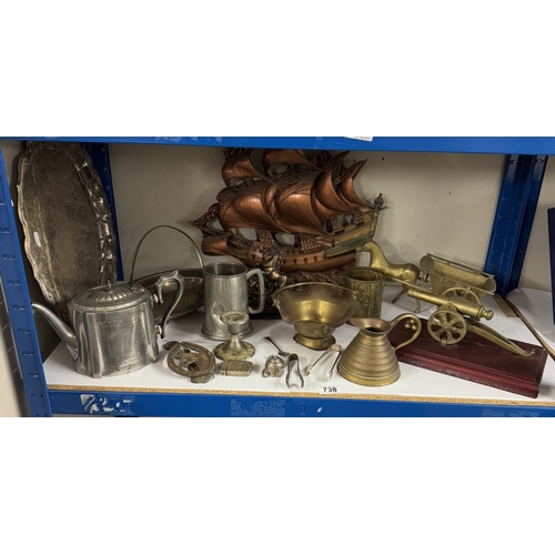 738 - A good selection of mixed metalware including silver plate, brass cannon etc