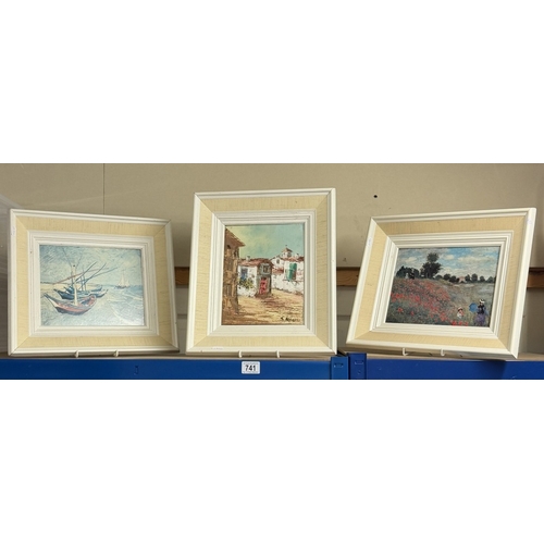 741 - 3 Vintage framed European scenes. 2 Prints, 1 oil on canvas