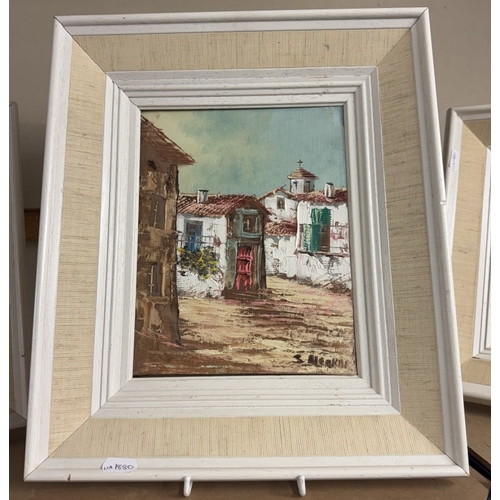 741 - 3 Vintage framed European scenes. 2 Prints, 1 oil on canvas