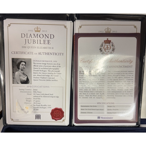 744 - 22 cased 1952-2012 Diamond Jubilee gold plate coins, A Royal Engagement coin and Roman Army coin.