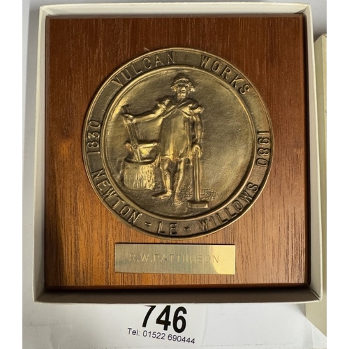 746 - A Ruston's Diesels Ltd Vulcan Works Newton - Le - Willows 1830 - 1980 commemorative bronze plaque. D... 